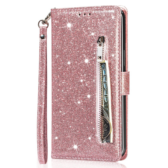 Θήκη με πτερύγιο για Samsung Galaxy A56 5G, Wallet Zipper Pocket Glittery, ροζ rose gold