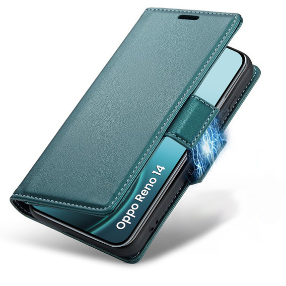 Θήκη για Oppo Reno 14, ERBORD Glossy Litchi, πορτοφόλι με πτερύγιο, πράσινη