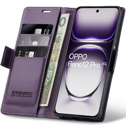 Θήκη για Oppo Reno 12 Pro, ERBORD Glossy Litchi, πορτοφόλι με πτερύγιο, μωβ