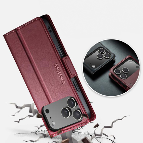 ERBORD Γυαλιστερή θήκη Litchi, flip πορτοφόλι για iPhone 17 Pro Max