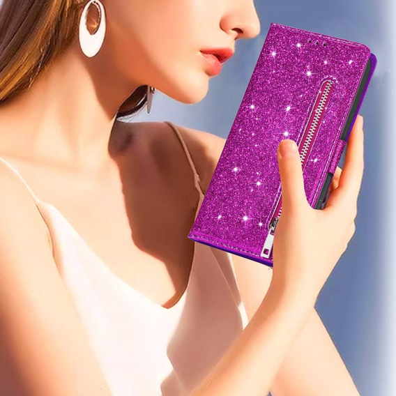 Θήκη με πτερύγιο για Samsung Galaxy S24, Wallet Zipper Pocket Glittery, μωβ