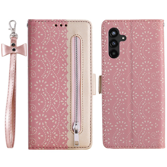 θήκη πτερύγιο για Samsung Galaxy A54 5G, Wallet Pocket Zipper Lace, ροζ