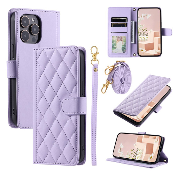 θήκη πτερύγιο για iPhone 16 Pro, Rhombus Crossbody Leather, μωβ