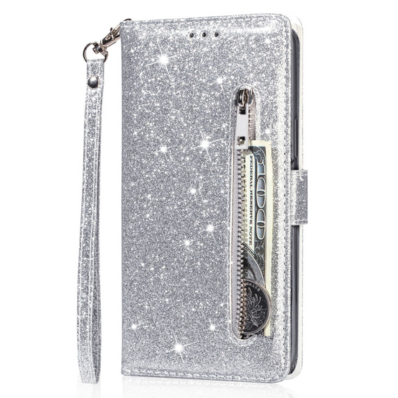 Θήκη με πτερύγιο για Samsung Galaxy A56 5G, Wallet Zipper Pocket Glittery, ασημένια