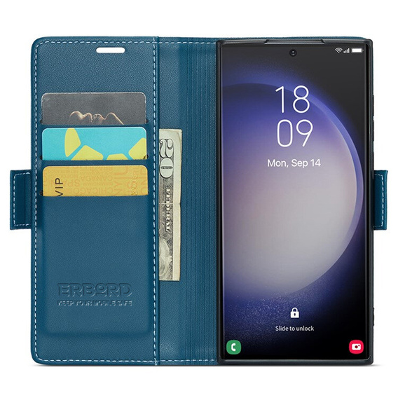 Θήκη για Samsung Galaxy S24 Ultra, ERBORD Glossy Litchi, πορτοφόλι με πτερύγιο, μπλε
