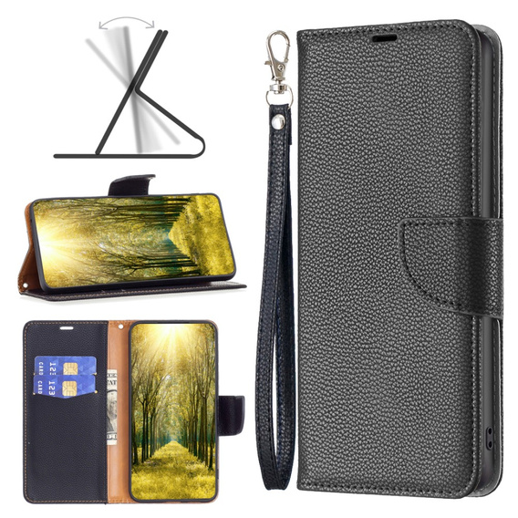 Θήκη με πτερύγιο για Samsung Galaxy A25 5G, Wallet Litchi Leather, μαύρη + γυαλί 9H 