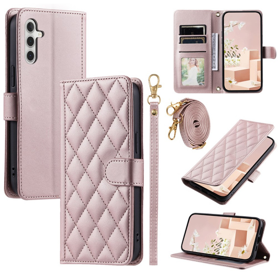 θήκη πτερύγιο για Samsung Galaxy S24 FE, Rhombus Crossbody Leather, ροζ rose gold