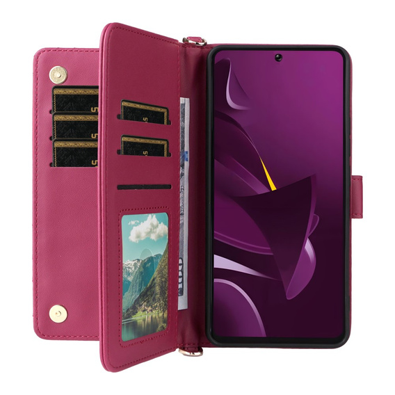 Θήκη με πτερύγιο για Xiaomi Poco M7 Pro 5G, Crossbody Leather Wallet, μπορντό