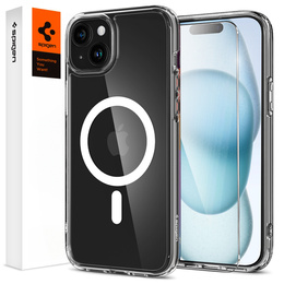 Θήκη MagSafe Spigen για iPhone 15, Ultra Hybrid, διαφανής / λευκή + Μετριασμένο γυαλί 9H
