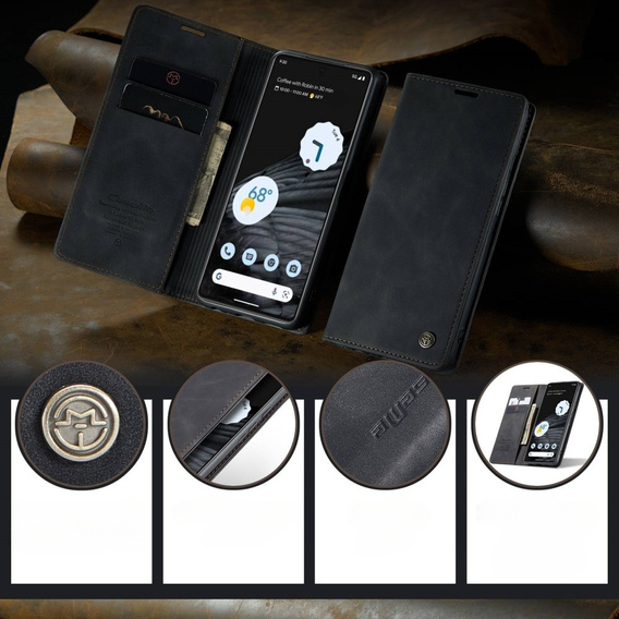 θήκη CASEME για Google Pixel 7, Leather Wallet Case, μαύρη