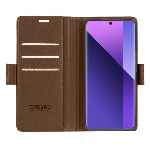 Θήκη για Xiaomi Redmi Note 13 Pro+, ERBORD Glossy Litchi, πορτοφόλι με πτερύγιο, καφέ