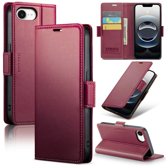 Θήκη για Iphone 16E, ERBORD Glossy Litchi, πορτοφόλι με πτερύγιο, κόκκινη