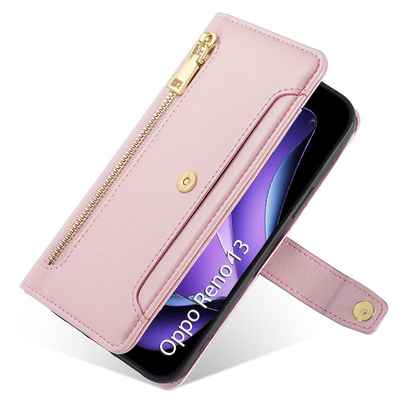 Θήκη με πτερύγιο για Oppo Reno 13, Wallet Zipper Pocket, ροζ