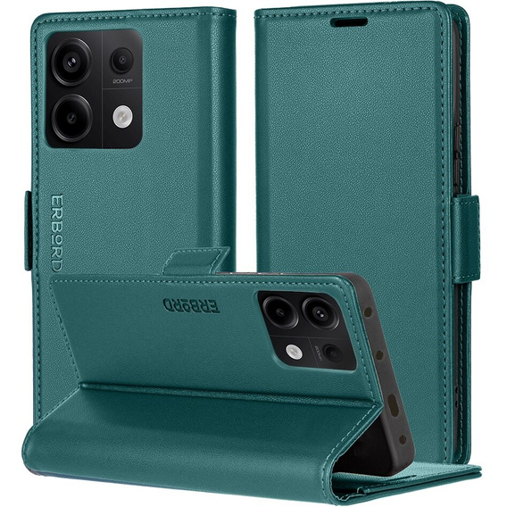 Θήκη για Xiaomi Redmi Note 13 Pro 5G, ERBORD Glossy Litchi, πορτοφόλι με πτερύγιο, πράσινη