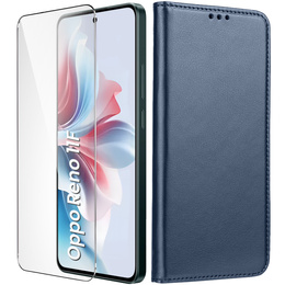 Θήκη με πτερύγιο για Oppo Reno 11F 5G, Smart Magnetic, σκούρο μπλε + γυαλί 9H
