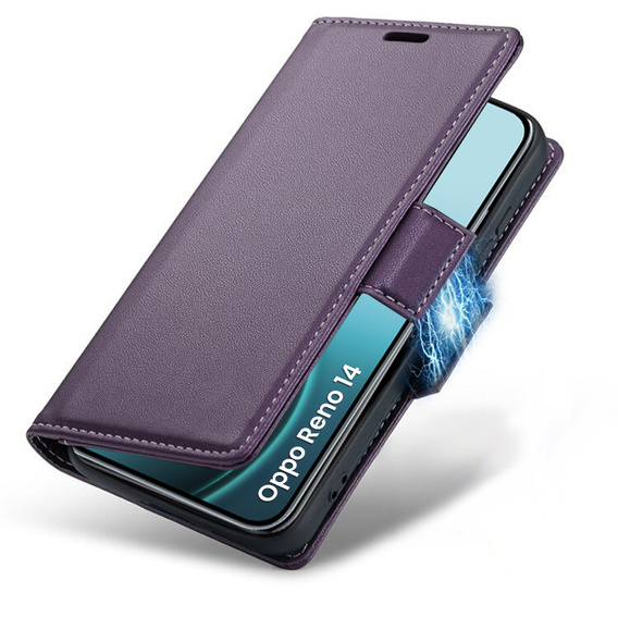 Θήκη για Oppo Reno 14, ERBORD Glossy Litchi, πορτοφόλι με πτερύγιο, μωβ