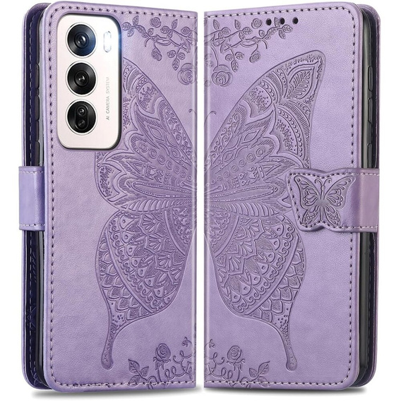 Θήκη με πτερύγιο για Oppo Reno 12, Butterfly, μωβ