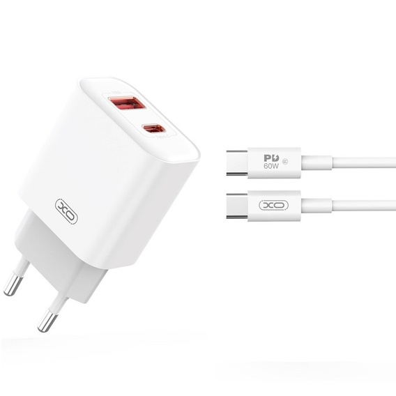 XO CE12 Φορτιστής δικτύου, USB-C, 20W + καλώδιο USB-C - Lightning, Λευκό