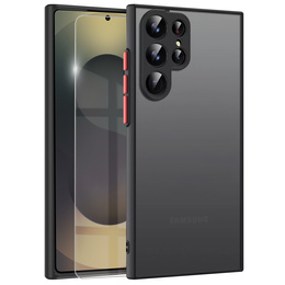 θήκη σιλικόνης για Samsung Galaxy S25 Ultra, με προστασία κάμερας, διαφανής / μαύρη + γυαλί 9H, μετριασμένο