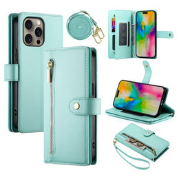 Θήκη με πτερύγιο για iPhone 16 Pro, Wallet Zipper Pocket, πράσινη