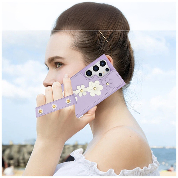 θήκη για Samsung Galaxy S24 Ultra, Leather Flower Card Slot, μωβ