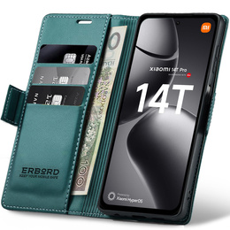 Θήκη για Xiaomi 14T Pro, ERBORD Glossy Litchi, πορτοφόλι με πτερύγιο, πράσινη