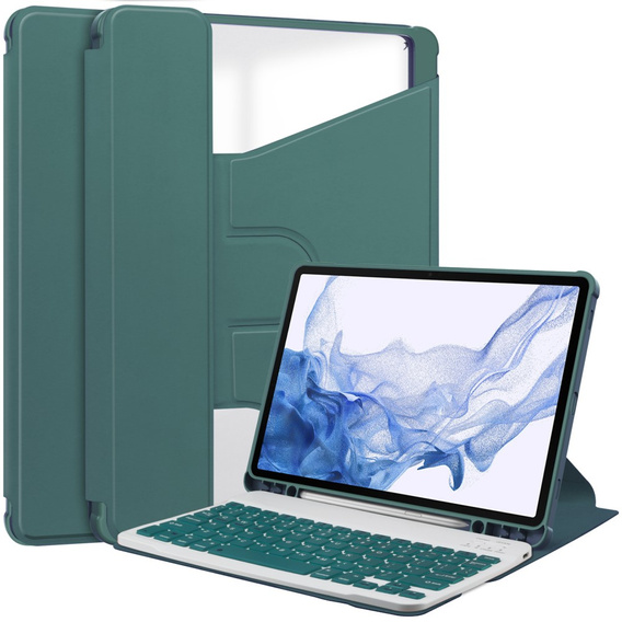 Θήκη πληκτρολογίου για Samsung Galaxy Tab S9, Rotary 360° Leather, σκούρα πράσινη