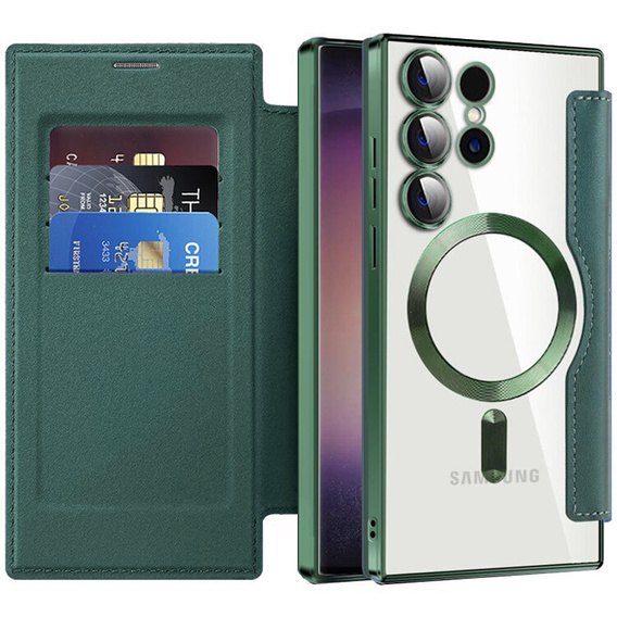 Θήκη με πτερύγιο για Samsung Galaxy S24 Ultra, RFID Wallet MagSafe CamShield, πράσινη