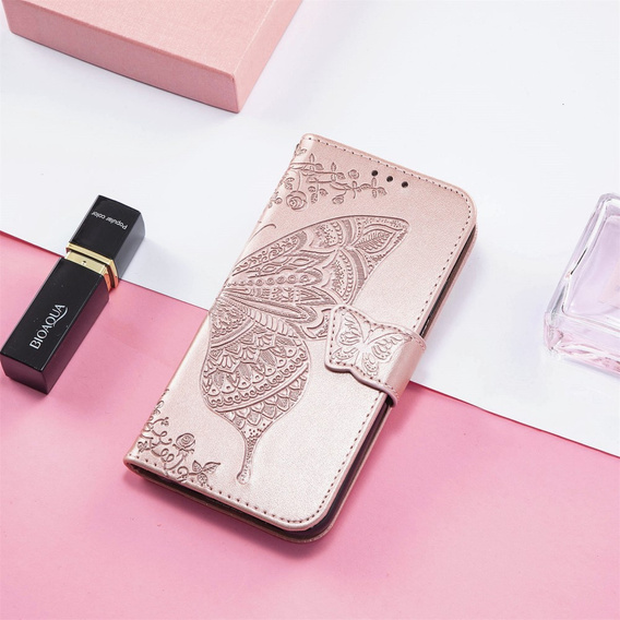Θήκη με πτερύγιο για Xiaomi Redmi Note 14 4G, Butterfly, ροζ rose gold