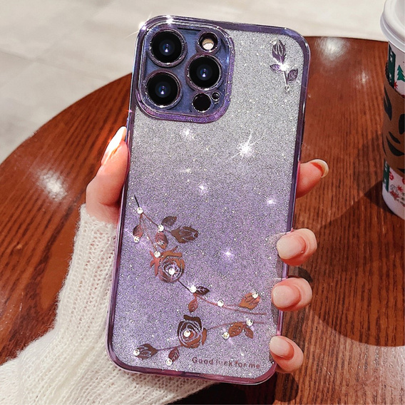 Θήκη για iPhone 16 Pro, Glitter Flower, μωβ