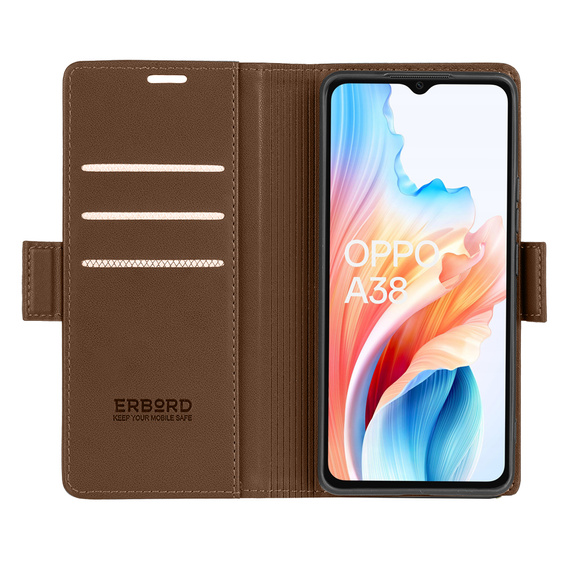 Θήκη για Oppo A18 4G / A38 4G, ERBORD Glossy Litchi, πορτοφόλι με πτερύγιο, καφέ