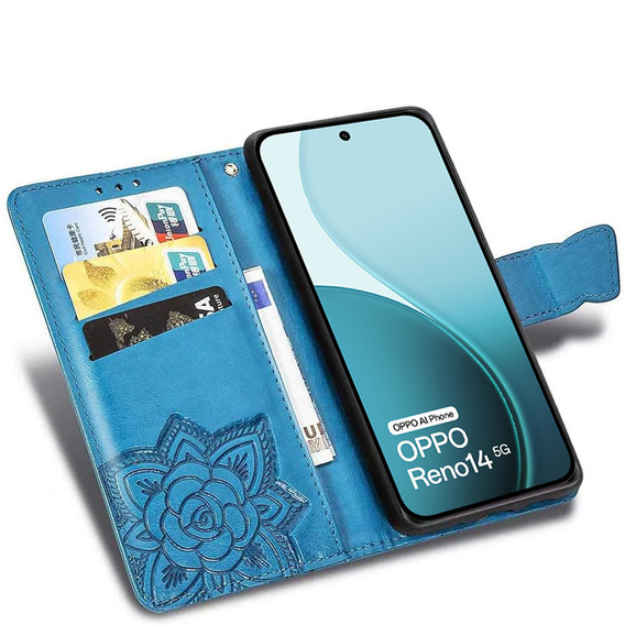 Θήκη πτερύγιο για Oppo Reno 14, Butterfly, πορτοφόλι, μπλε