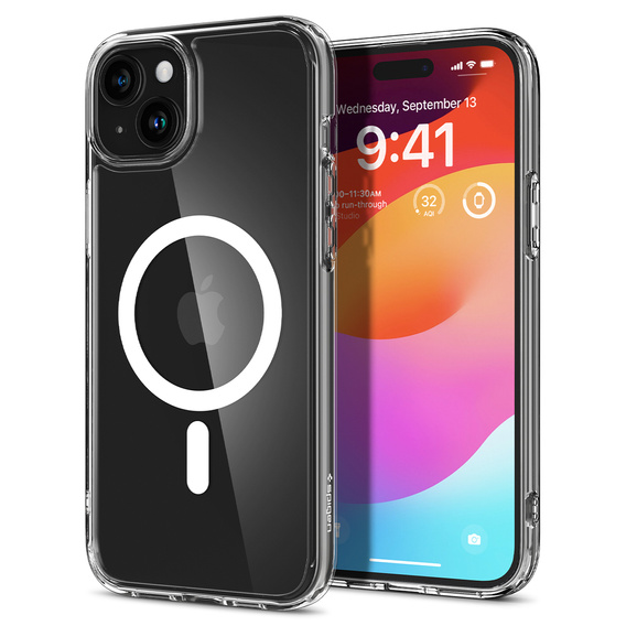 Θήκη MagSafe Spigen για iPhone 15, Ultra Hybrid, διαφανής / λευκή + Μετριασμένο γυαλί 9H