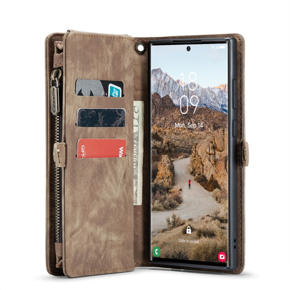 CASEME θήκη για Samsung Galaxy S25 Ultra, Retro Leather Wallet, με λουράκι, καφέ