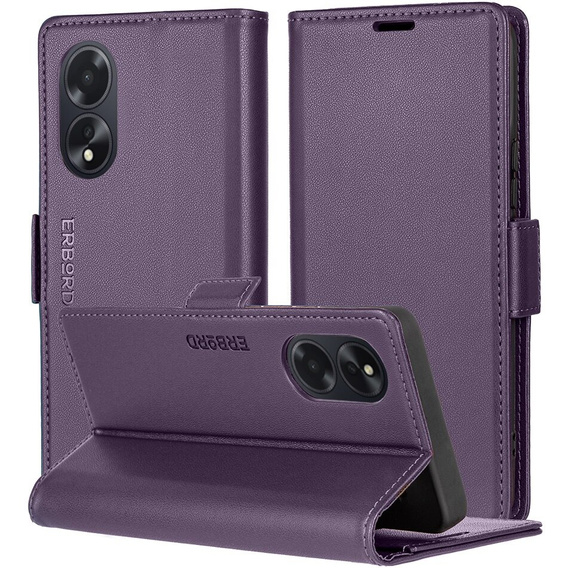 Θήκη για Oppo A60, ERBORD Glossy Litchi, πορτοφόλι με πτερύγιο, μωβ