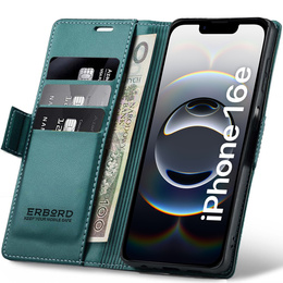 Θήκη για Iphone 16E, ERBORD Glossy Litchi, πορτοφόλι με πτερύγιο, πράσινη