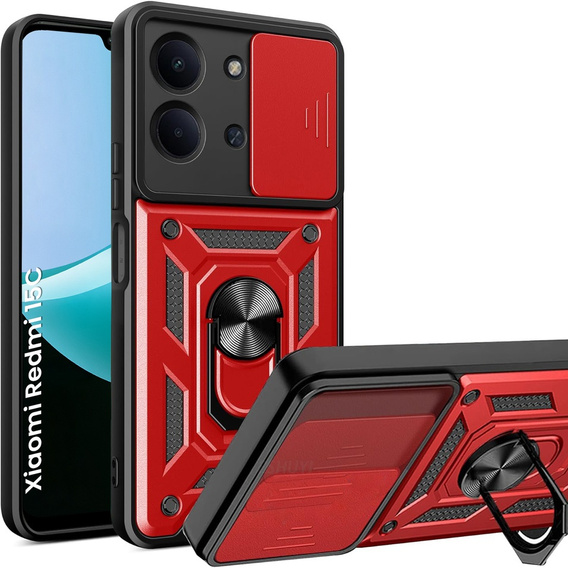 Θωρακισμένη θήκη για Xiaomi Redmi 15C 4G/LTE, με προστασία κάμερας, με βάση, κόκκινο