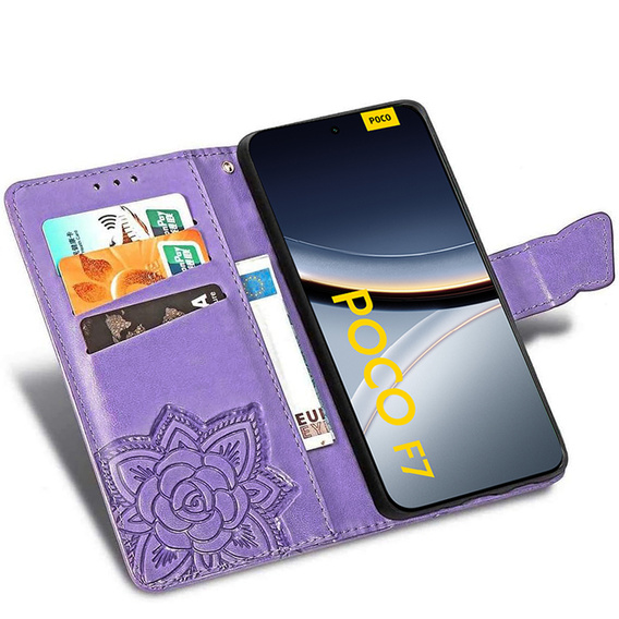 Θήκη με πτερύγιο για Xiaomi Poco F7, Butterfly, μωβ