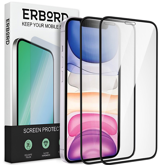 2x Μετριασμένο γυαλί για iPhone XR / 11, ERBORD 3D πλήρης οθόνη