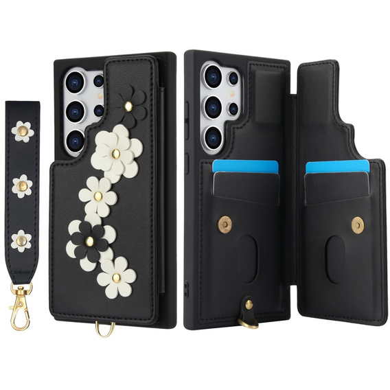 θήκη για Samsung Galaxy S25 Ultra, Leather Flower Card Slot, μαύρη