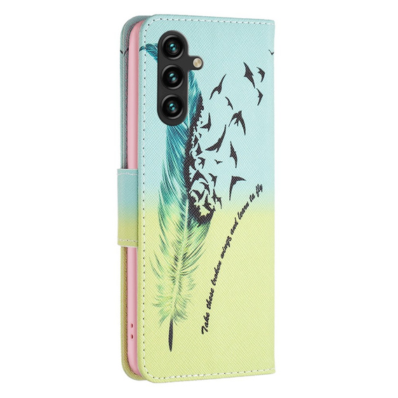 Θήκη με πτερύγιο για Samsung Galaxy A35 5G, Wallet, Feather μπλε / κίτρινη