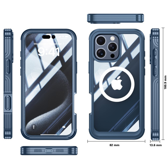 Θήκη για iPhone 16 Pro, Shockproof, με γυαλί, για MagSafe, σκούρο μπλε