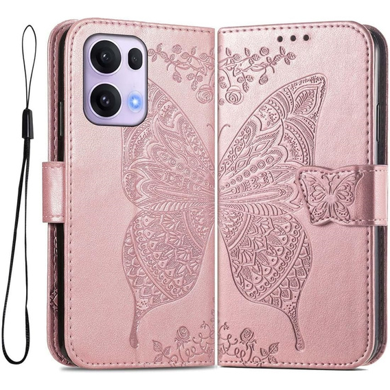 Θήκη με πτερύγιο για Oppo Reno 13 Pro, Butterfly, ροζ rose gold