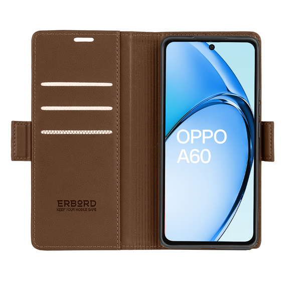 Θήκη για Oppo A60, ERBORD Glossy Litchi, πορτοφόλι με πτερύγιο, καφέ