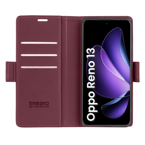 Θήκη για Oppo Reno 13, ERBORD Glossy Litchi, πορτοφόλι με πτερύγιο, κόκκινη