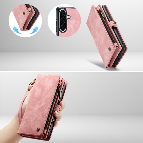 CASEME θήκη για Samsung Galaxy A56 5G, Retro Leather Wallet, με λουράκι, ροζ