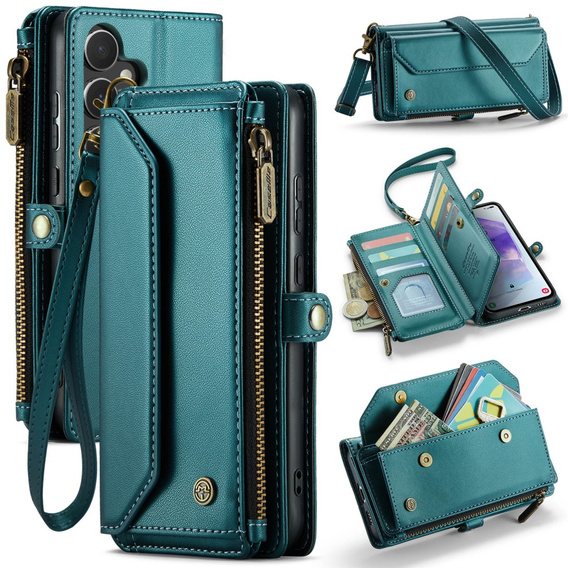 θήκη CASEME για Samsung Galaxy A55 5G, RFID Leather Wallet, με λουράκι ώμου, πράσινη