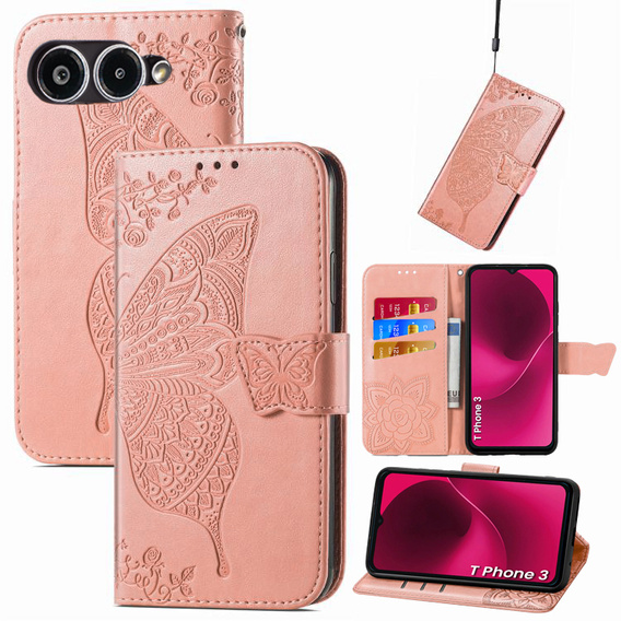 Θήκη με πτερύγιο για T Phone 3 5G, Butterfly, ροζ rose gold