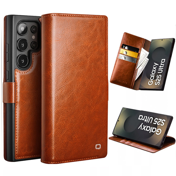 θήκη flip για Samsung Galaxy S25 Ultra, QIALINO Leather Wallet, καφέ