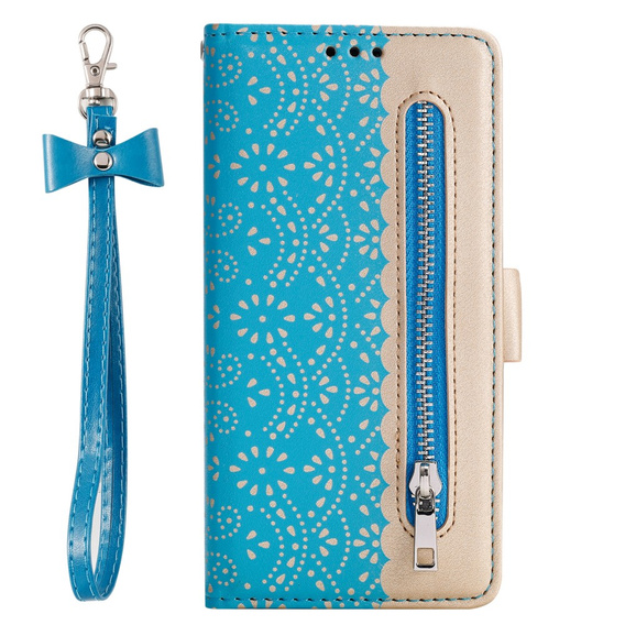 θήκη πτερύγιο για Samsung Galaxy S22+ Plus 5G, Wallet Pocket Zipper Lace, μπλε